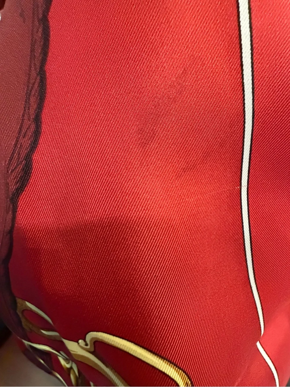 Hermes Red Silk Scarf with Gold Equestrian Hardware Motif